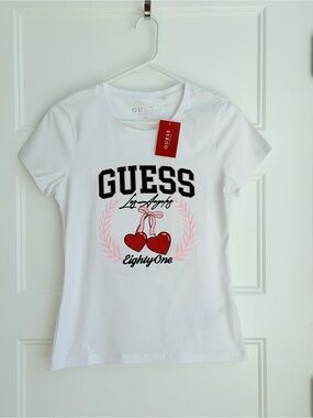 GUESS White Short Sleeve Logo Tee with Red Heart Graphic